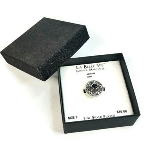 LA Belle Vie Marcasite Black Onyx Silver Ring Sz 7